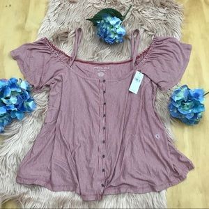 Red White Striped Button Up Open Shoulder Top